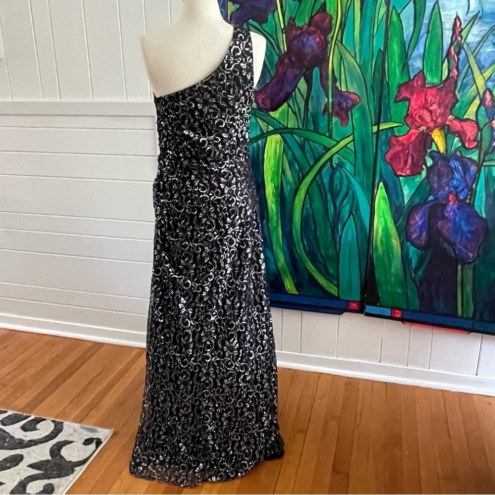 Holiday Party Dress Metallic Lace Gown Formal Black Silver Calvin Klein - Picture 3 of 12